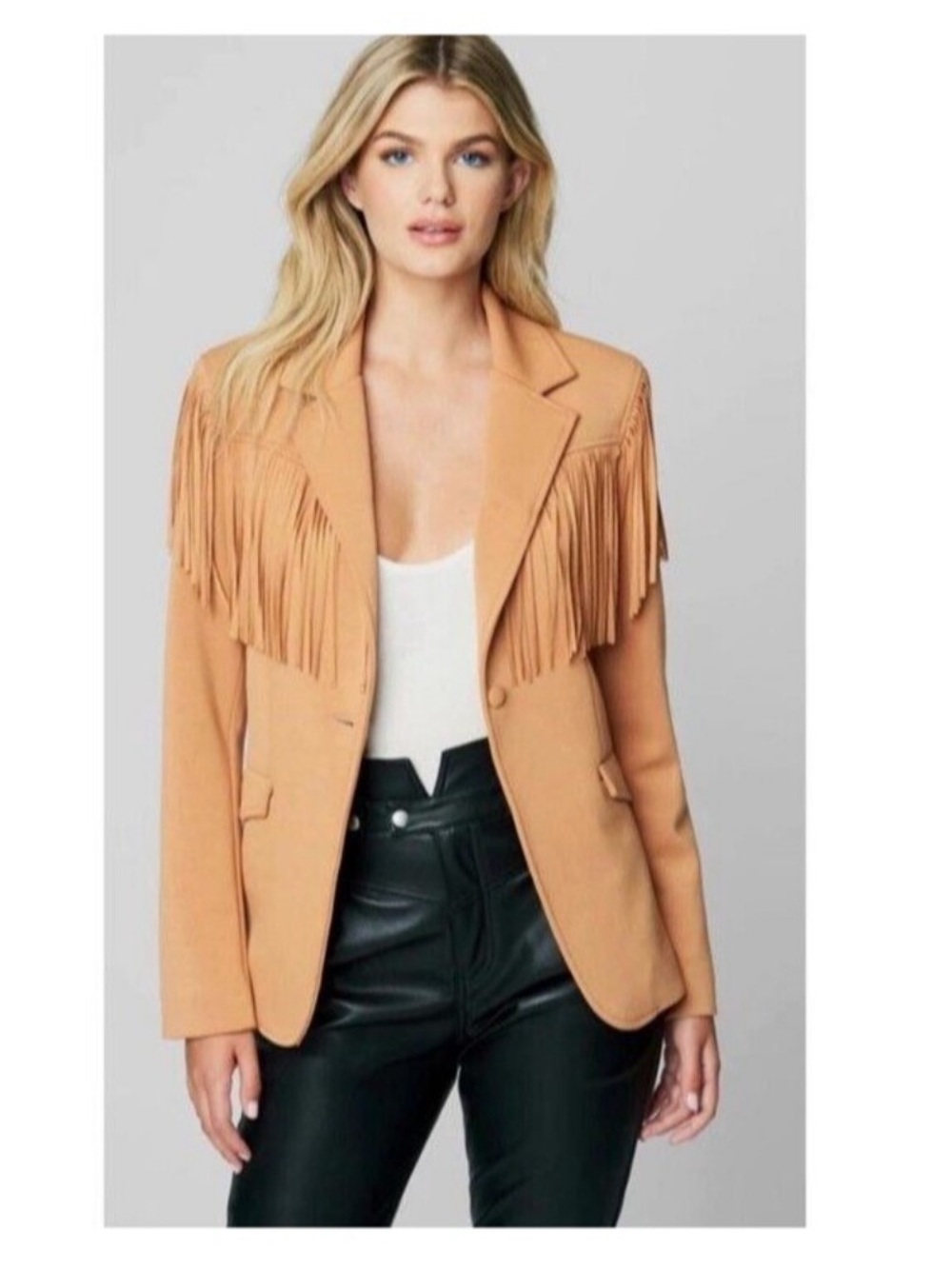 Blank NYC Faux Suede Fringe Blazer Jacket size medium tan western Anthropologie